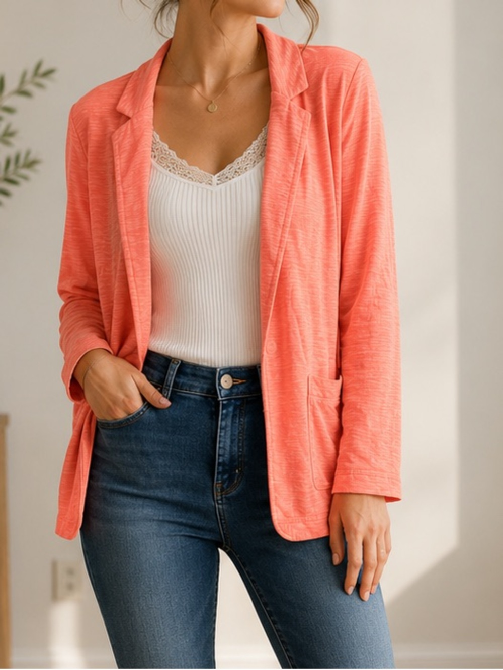 Chico's Coral Open-Front Blazer with Patch Pockets
